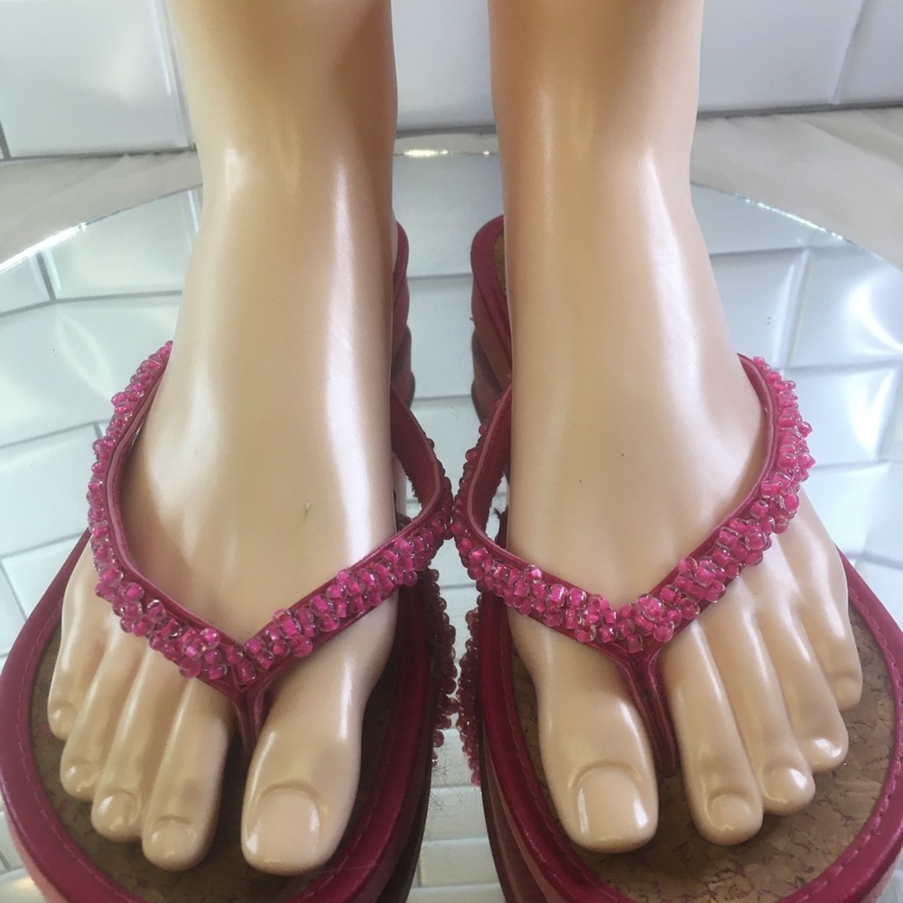 Pink Beaded Cork Sparkle Flip Flop Sandals Womens 7